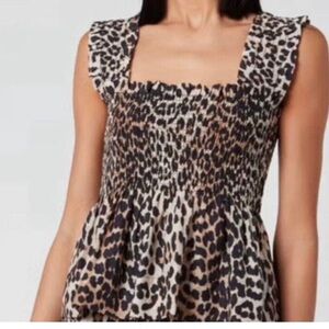Ganni Animal Print Smocked Tank Top